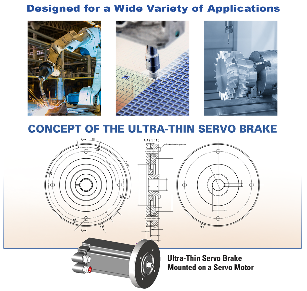 The UTSB, Ultra-Thin Servo Brake's unique design makes it the perfect choice for a variety of applications including robotic welding, semi-conductor manufacturing and 5-axis CNC.